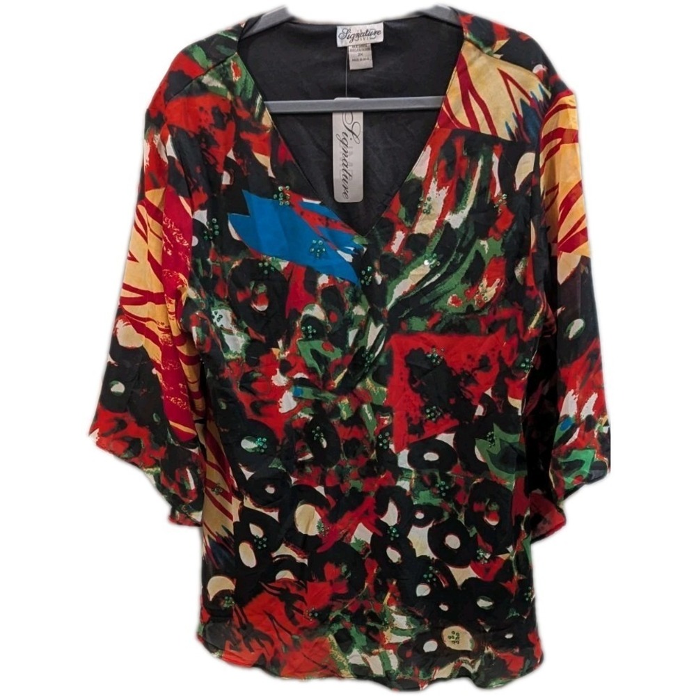 JMB Collection 3X Blouse Tunic Art To Wear Colorful Sheer Slv Flowy Art Teacher
